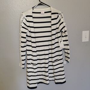 LUNA Black and White Striped Cardigan with Lace Detail Size L